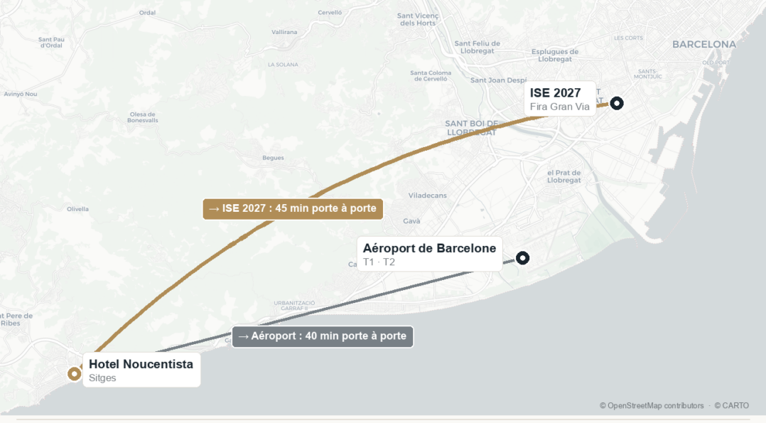 De l'Hotel Noucentista à Sitges à l'ISE 2027 à Barcelone : les trajets, les temps et l'aéroport