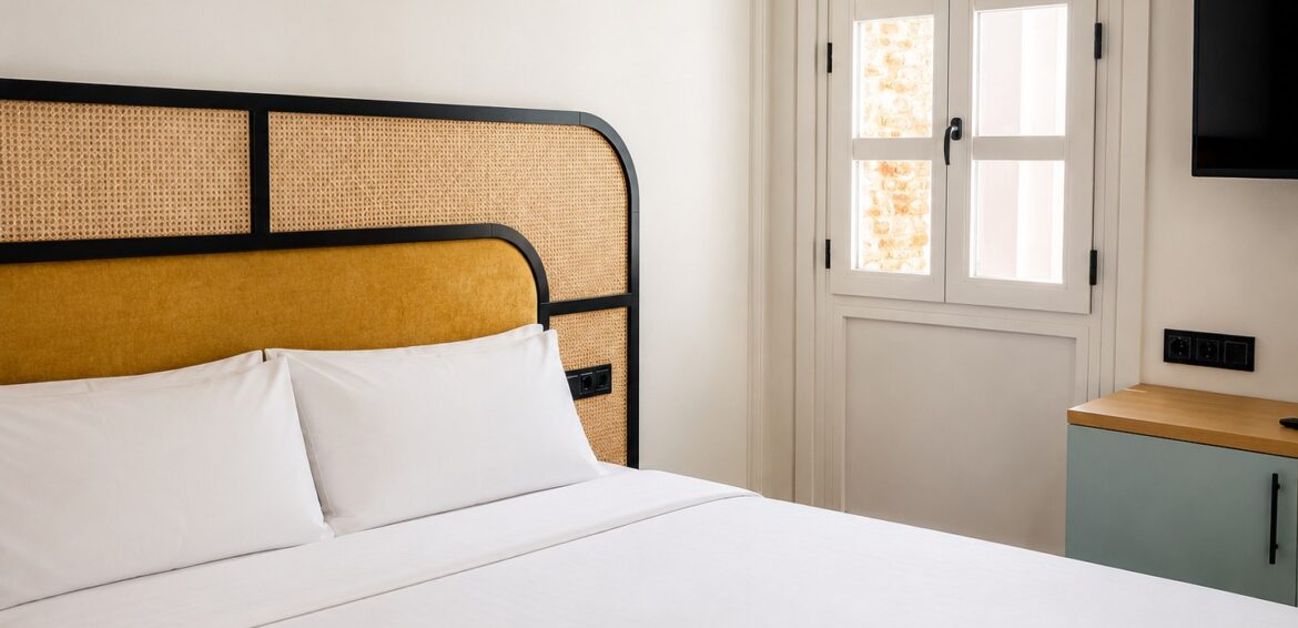 Suite avec canapé-lit : lit double à tête de lit en cannage, télévision et fenêtre, Casa Beatas Malaga