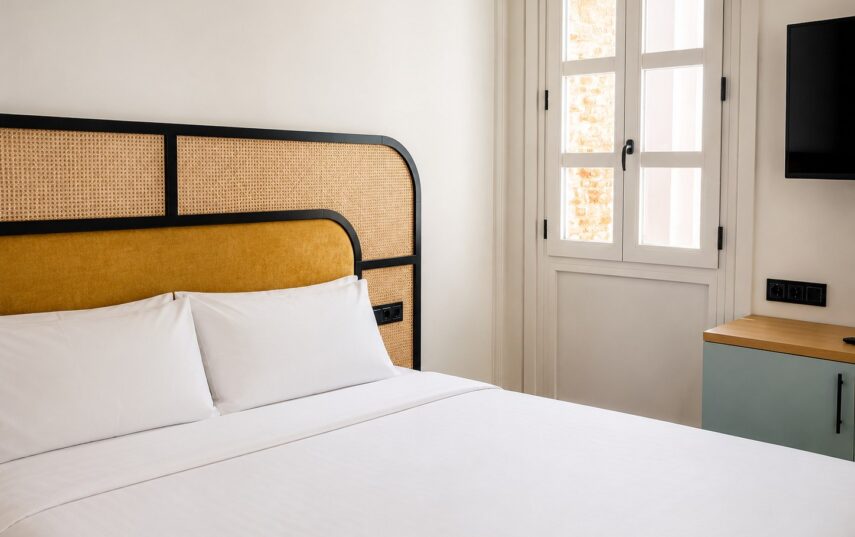Suite avec canapé-lit : lit double à tête de lit en cannage, télévision et fenêtre, Casa Beatas Malaga