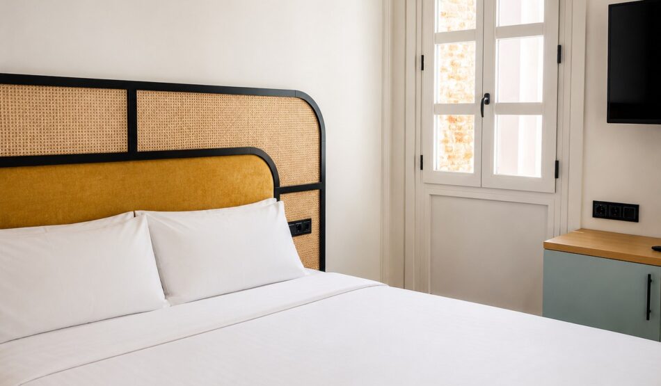 Suite avec canapé-lit : lit double à tête de lit en cannage, télévision et fenêtre, Casa Beatas Malaga