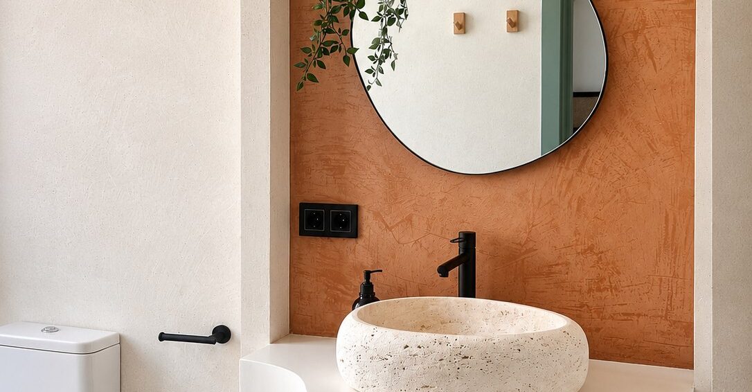 Salle de bain de la suite : vasque en pierre dans une alcôve cintrée en terre cuite, Casa Beatas Malaga