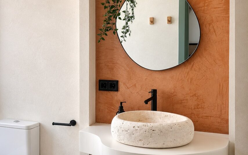 Salle de bain de la suite : vasque en pierre dans une alcôve cintrée en terre cuite, Casa Beatas Malaga